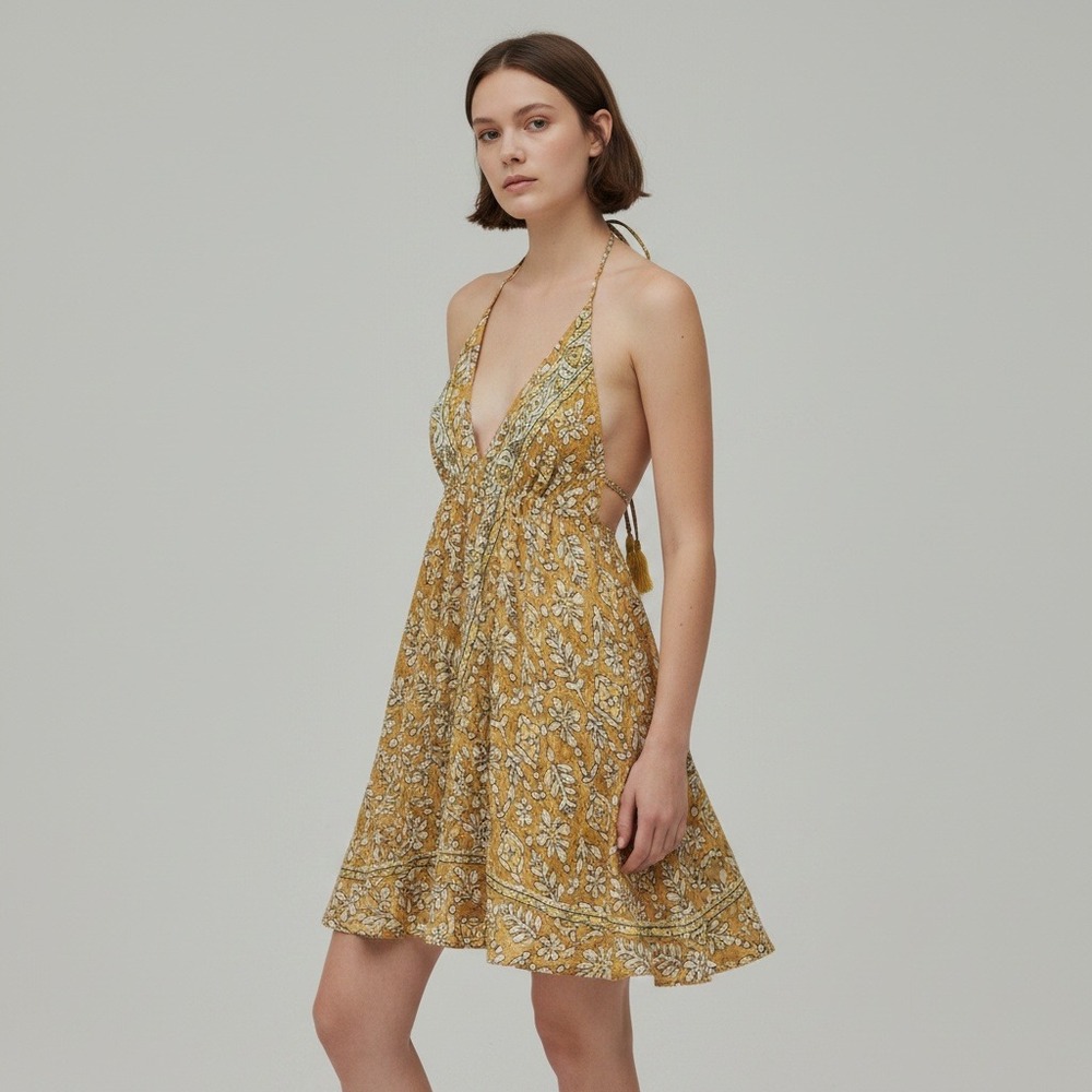 Short Yellow Gold Floral Halter Sun Dress Boho Tassel One Size